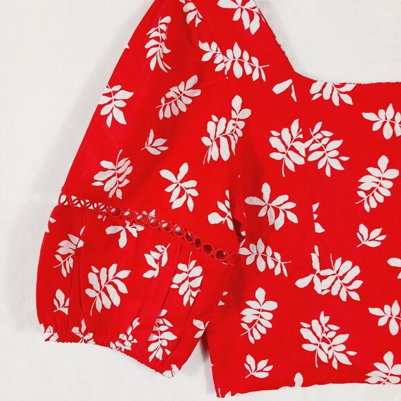 Ann Taylor, Top, Red with White Leaf Print, Square Neck, Puffed Sleeves, Size 8 - Picture 4 of 15